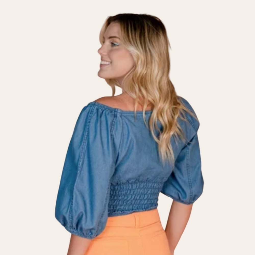 Denim 70's Balloon Sleeve Seamed Cropped Smocked Summer Boho Top 2X‎ Girl Soul - Picture 4 of 8
